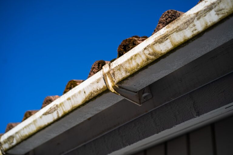 Dirty rain gutters on residential roof needing cleaning